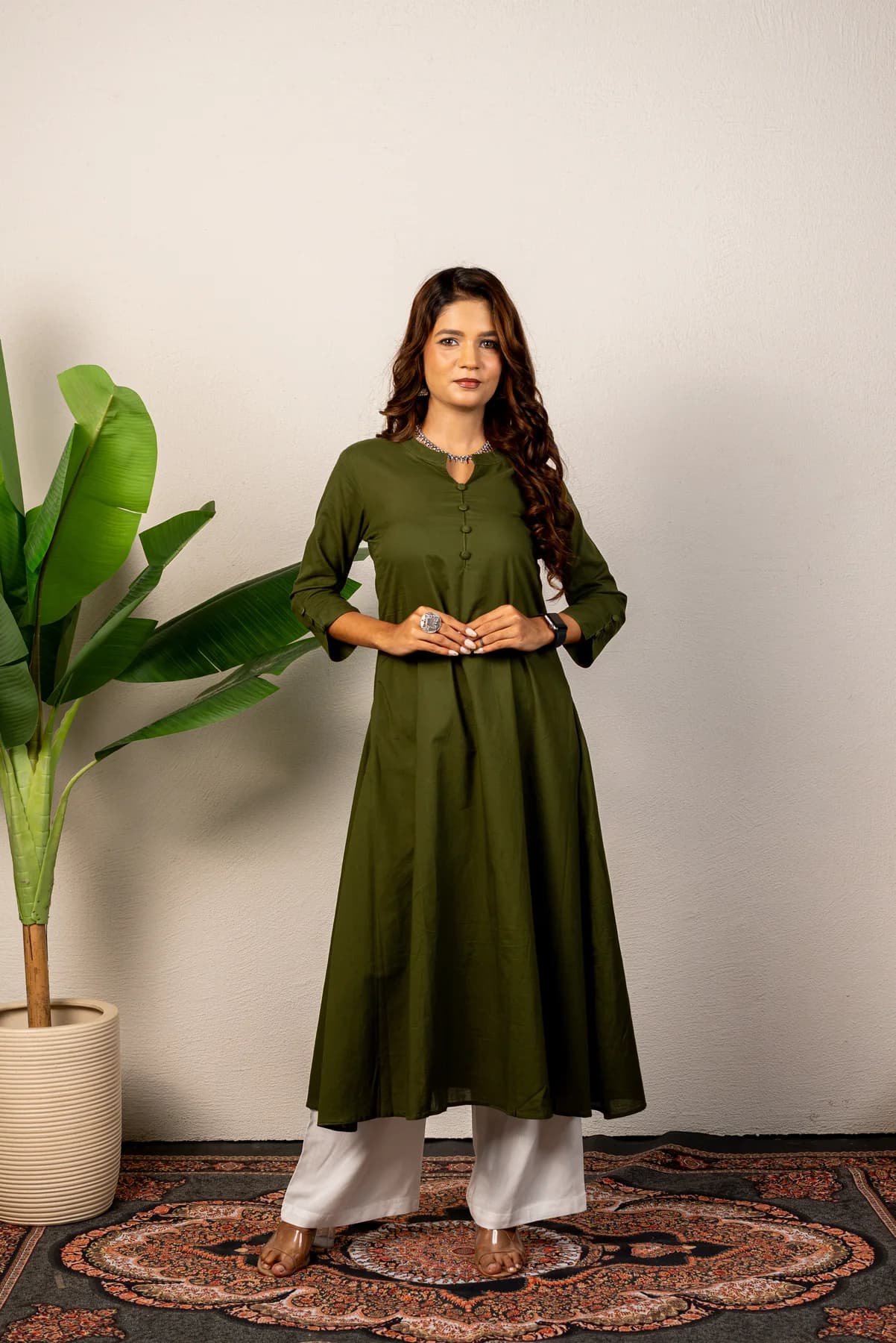 Olive Green A-Line Cotton Kurti