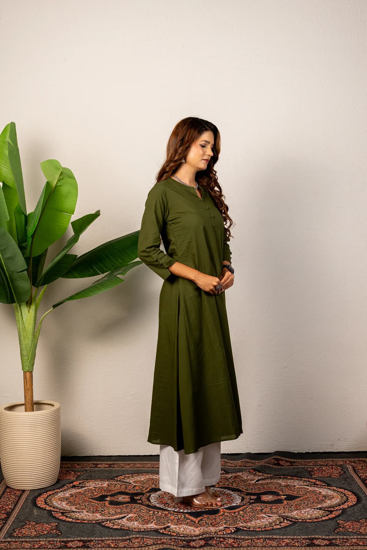 Olive Green A-Line Cotton Kurti, view 2