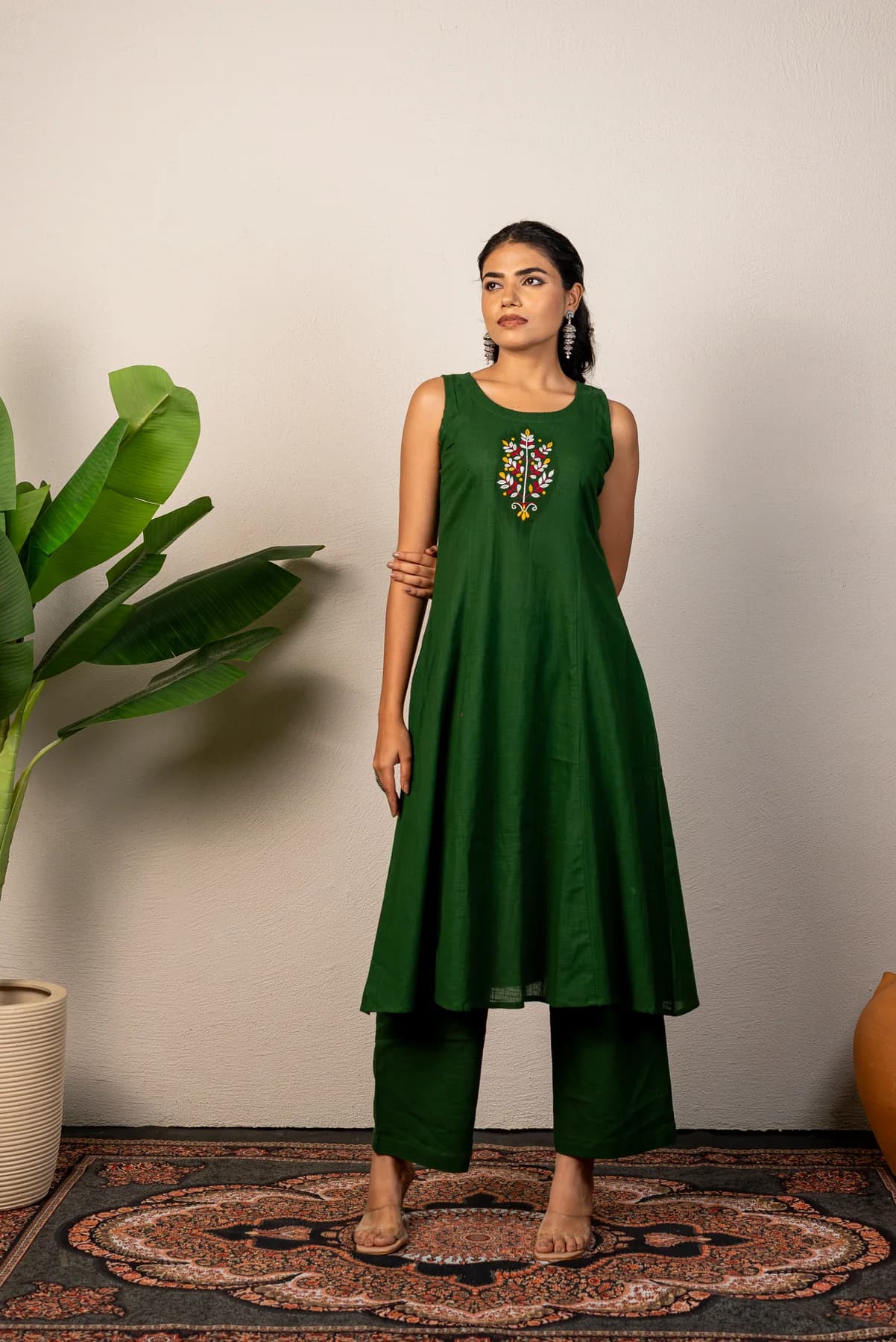 Olive Green Embroidered Kurti Set