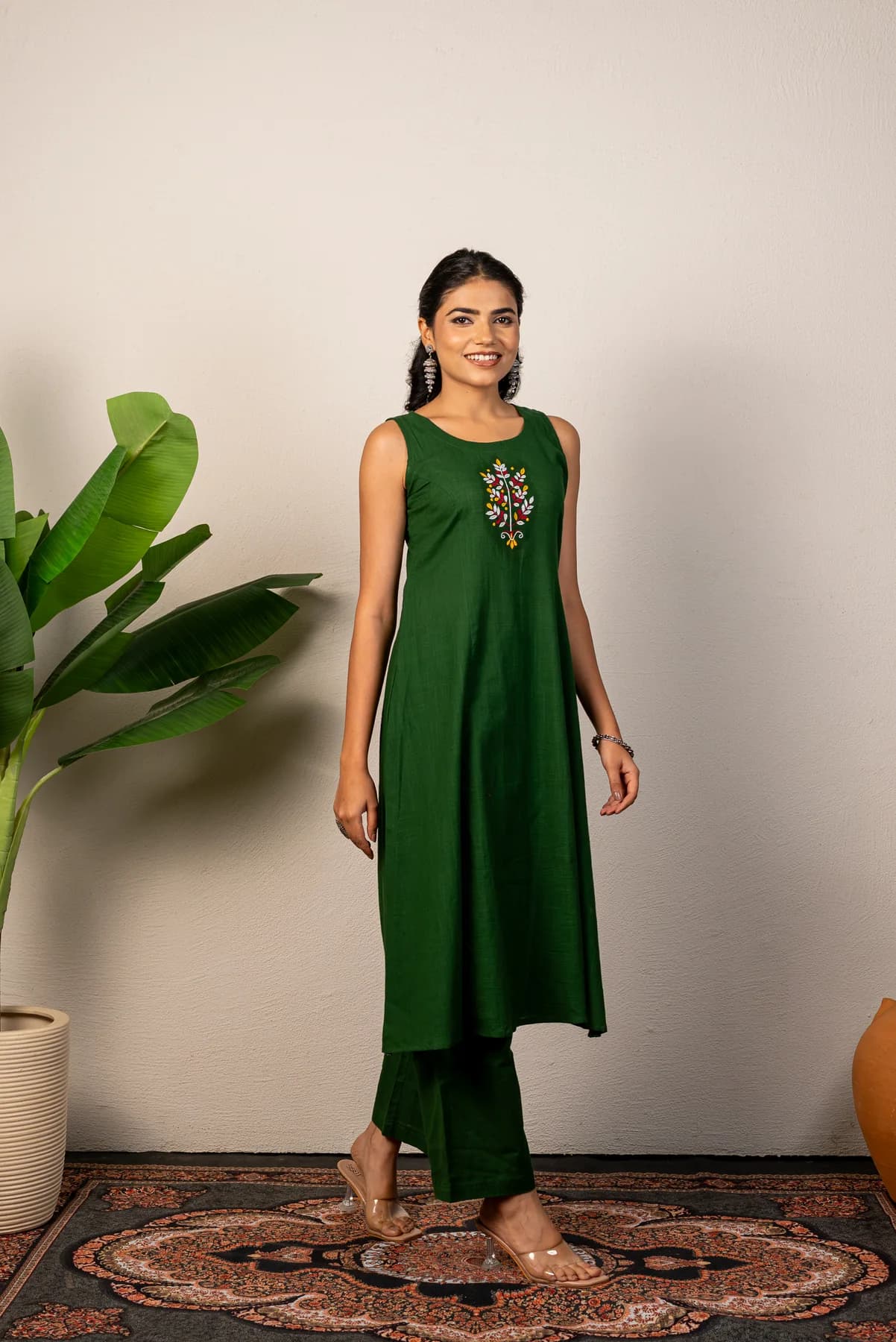 Olive Green Embroidered Kurti Set, view 4