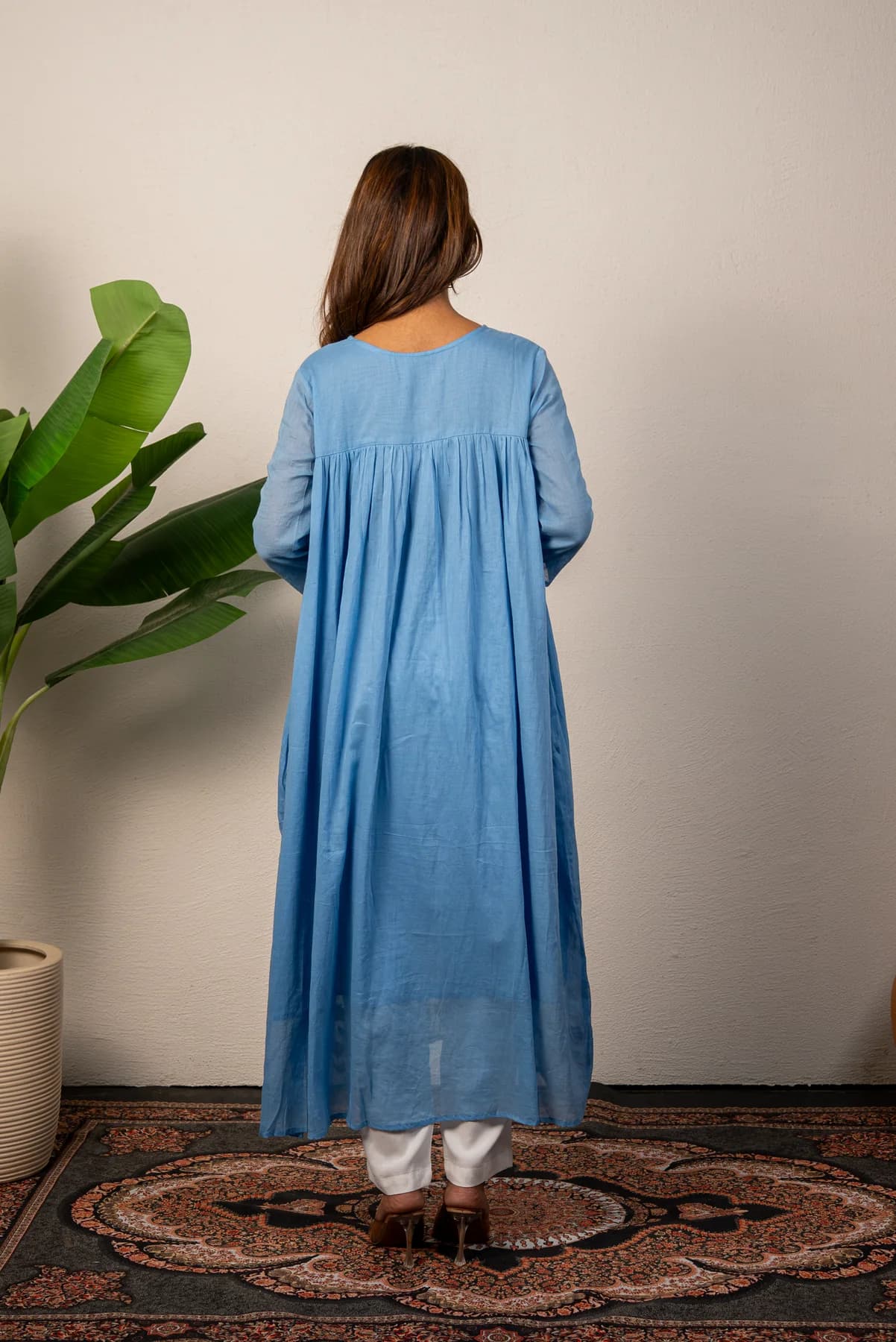 Blue Embroidered Mul Cotton Kurti, view 2