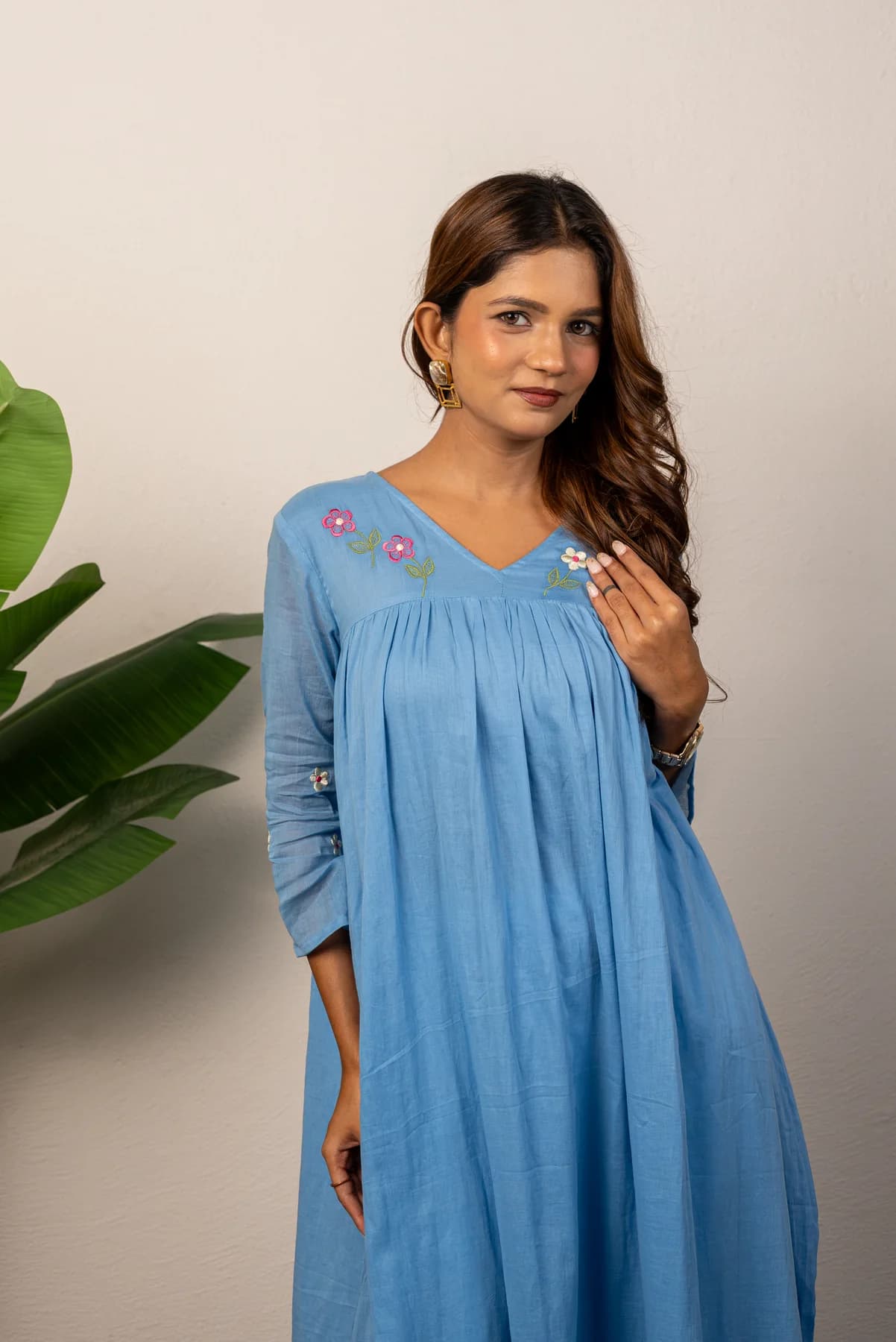 Blue Embroidered Mul Cotton Kurti, view 3