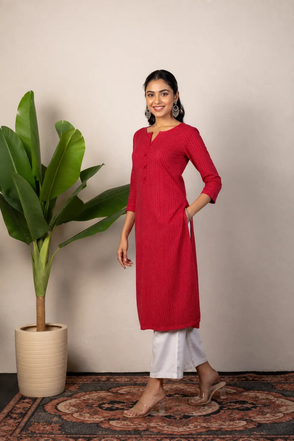 Red Katha Cotton Kurti, view 3