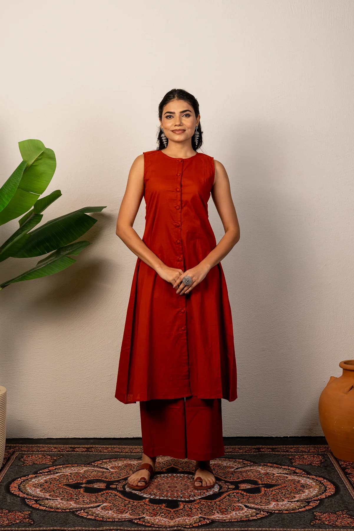 Rust Cotton Kurti Set