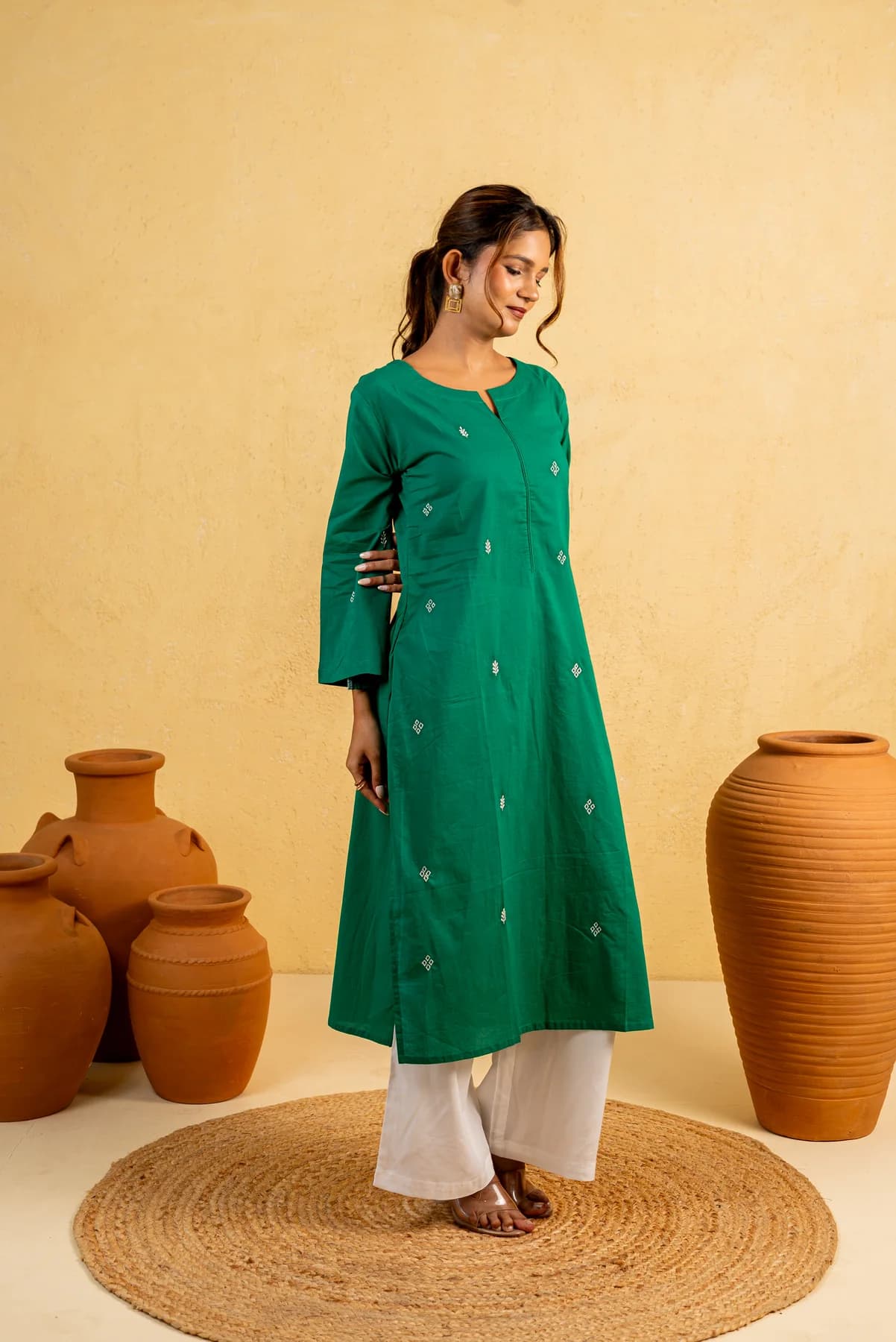 Bottle Green Embroidered Kurti, view 2