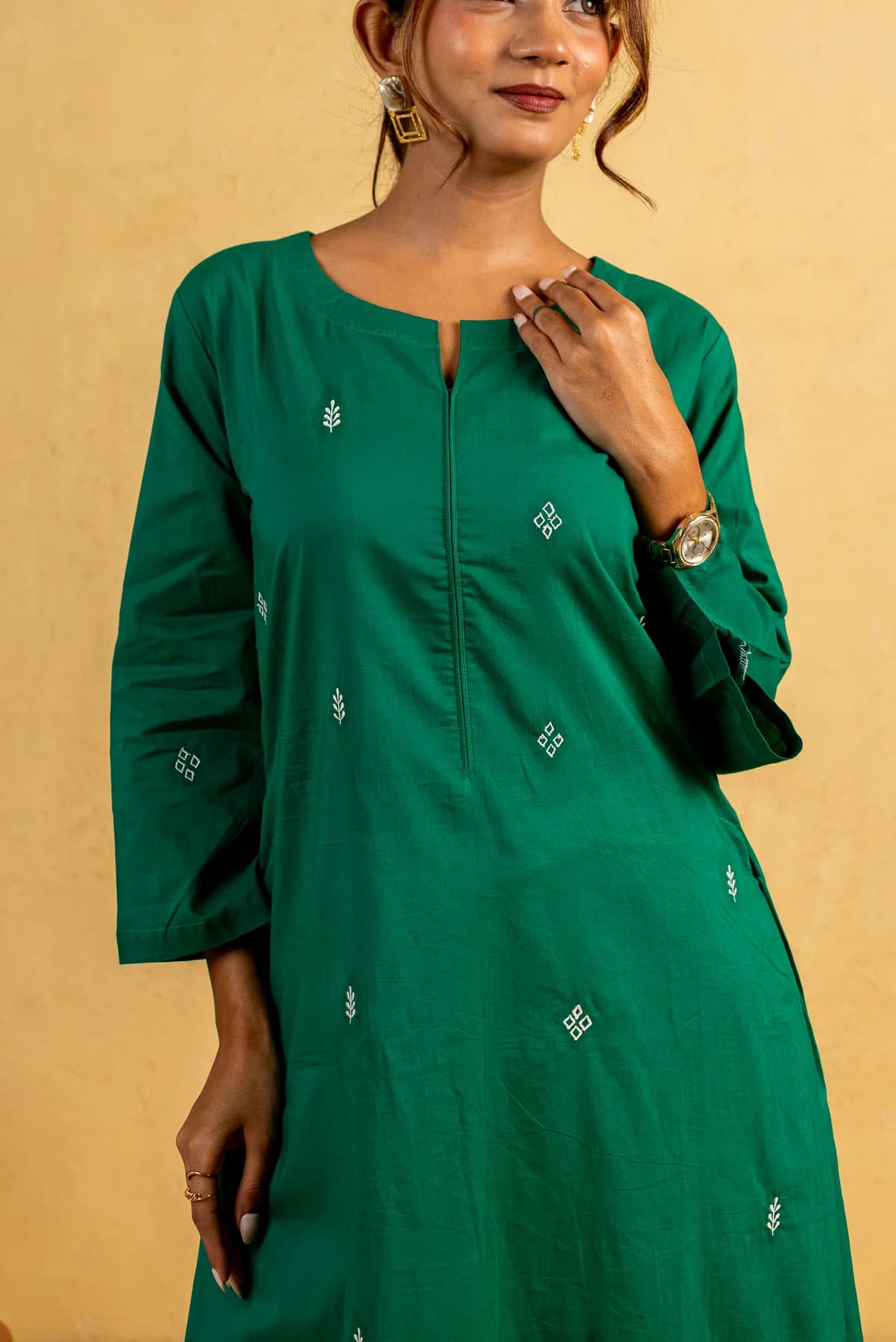 Bottle Green Embroidered Kurti, view 4