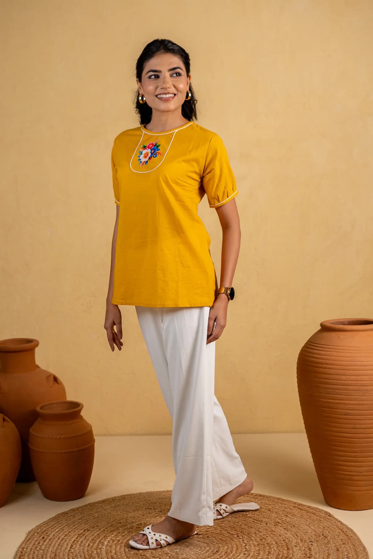 Yellow Printed Cotton Top, view 2