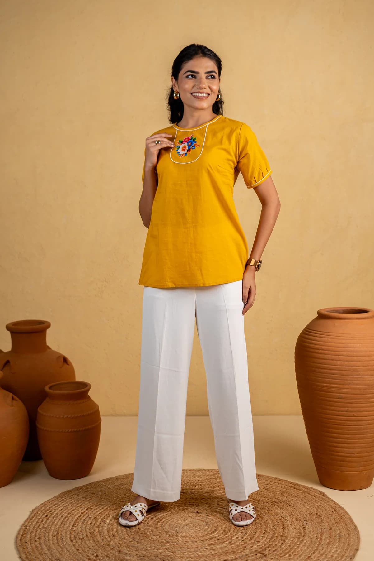 Yellow Printed Cotton Top, view 4