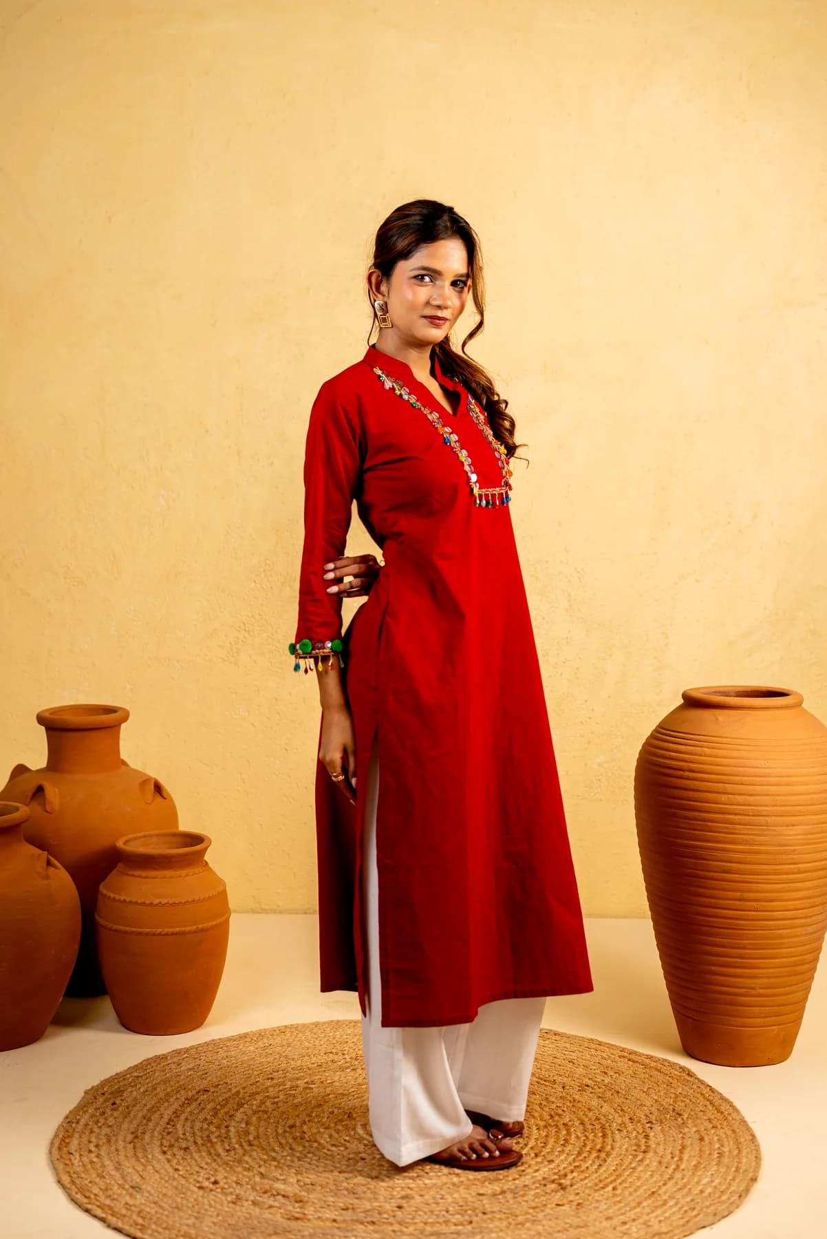 Red Tassel Work Kurti, view 3