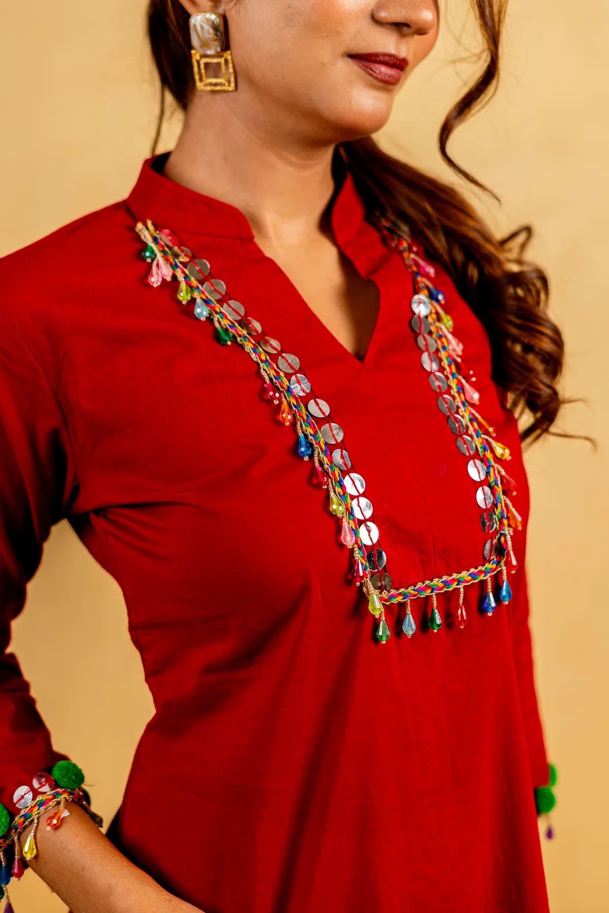 Red Tassel Work Kurti, view 4